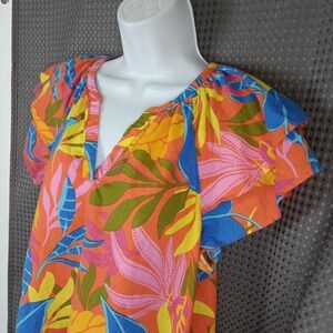 Calligraphie Tropical Print V-Neck Flutter Sleeve Blouse Womens Sz L Linen Blend